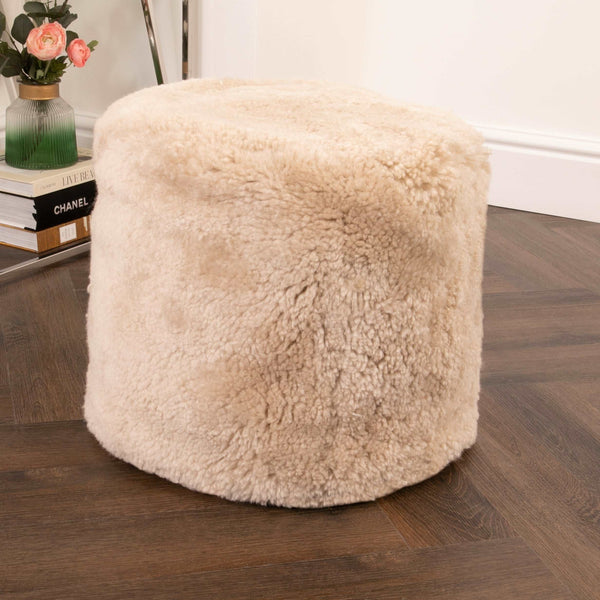 Beige Short Pile Sheepskin Pouf-TrendGoat