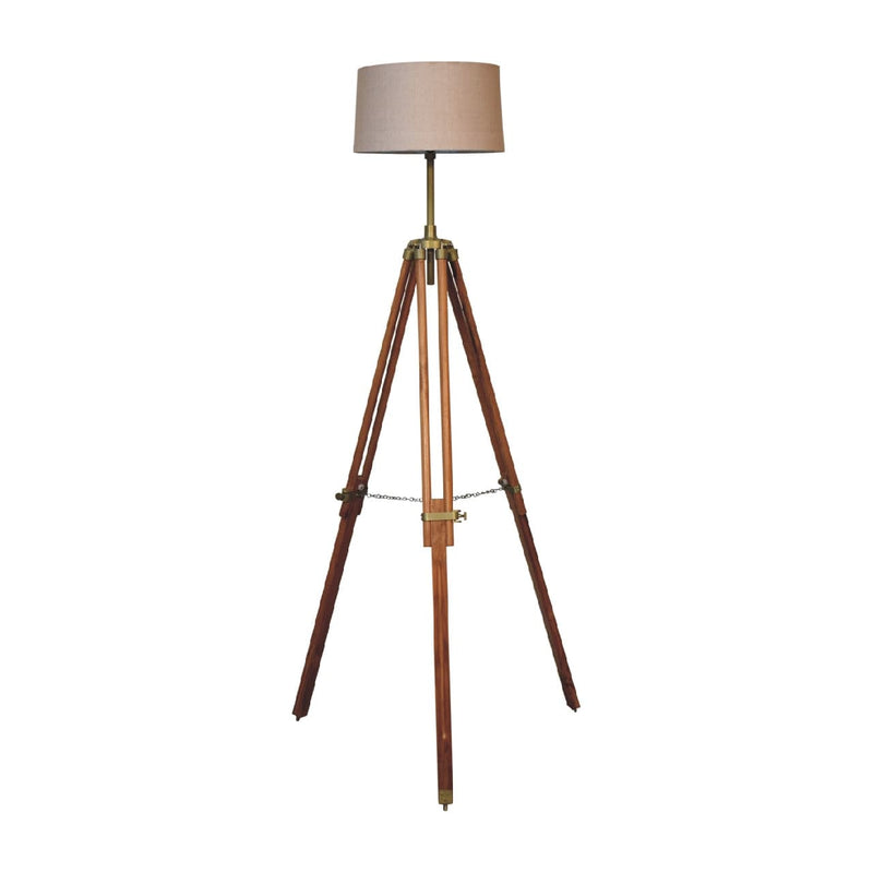 Brass Plated and Wooden Teak Floor Lamp-TrendGoat