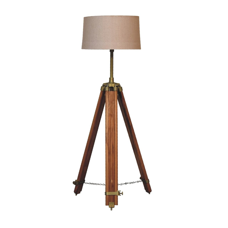 Brass Plated and Wooden Teak Floor Lamp-TrendGoat