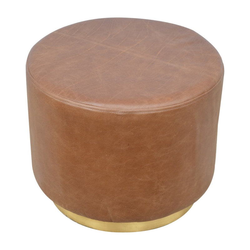 Brown Buffalo Leather Footstool with Gold Base-TrendGoat