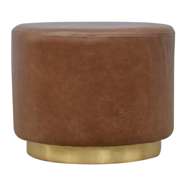 Brown Buffalo Leather Footstool with Gold Base-TrendGoat