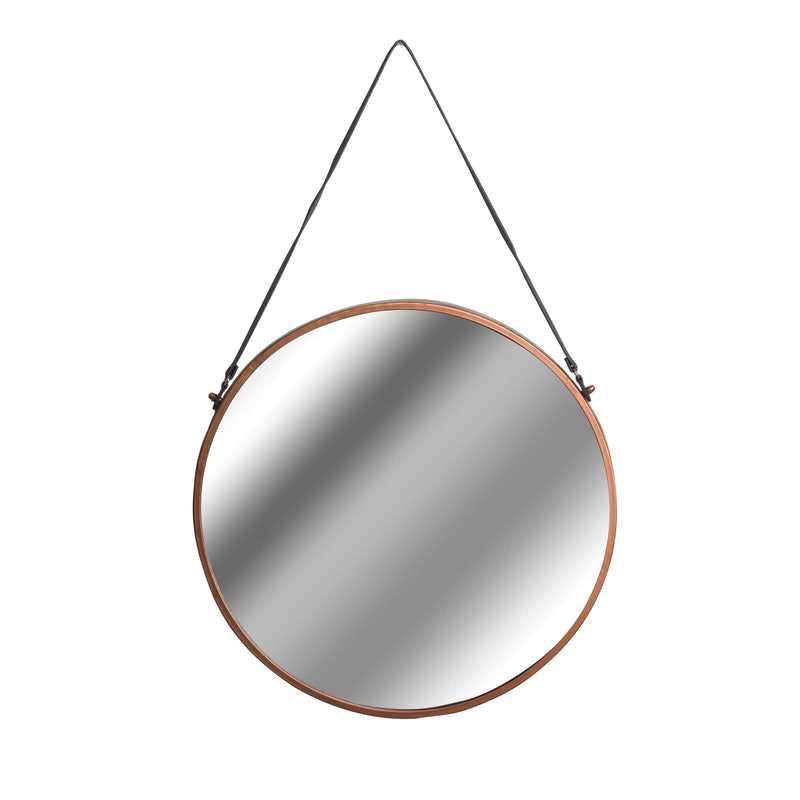 Copper Rimmed Round Hanging Wall Mirror With Black Strap-TrendGoat