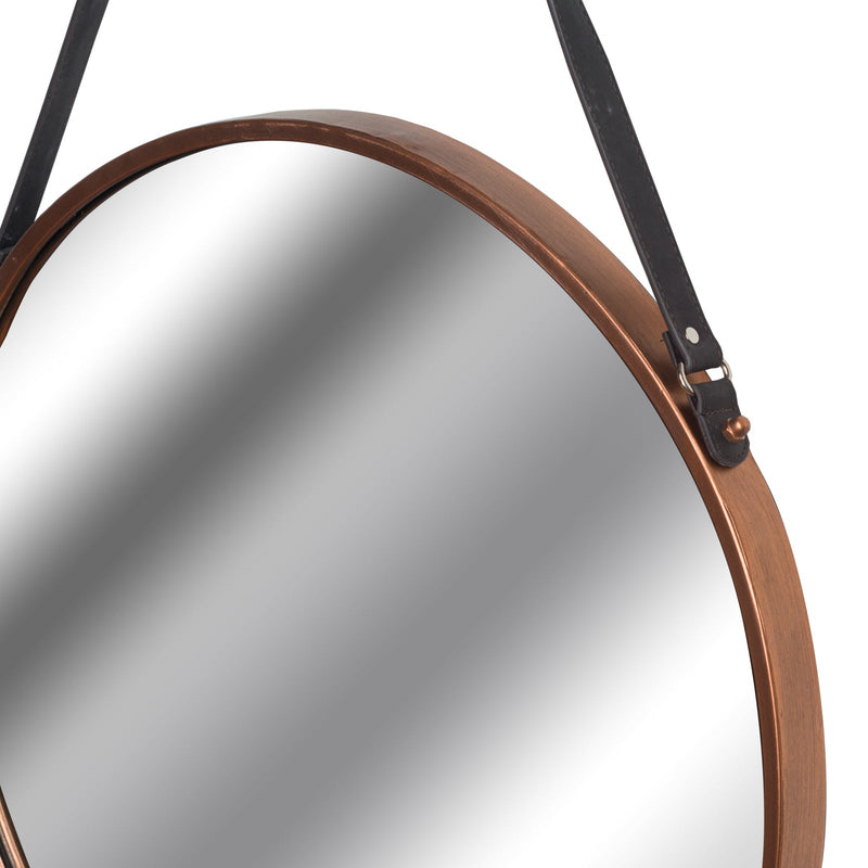 Copper Rimmed Round Hanging Wall Mirror With Black Strap-TrendGoat