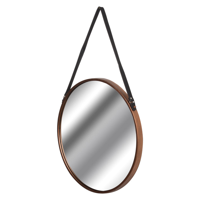 Copper Rimmed Round Hanging Wall Mirror With Black Strap-TrendGoat