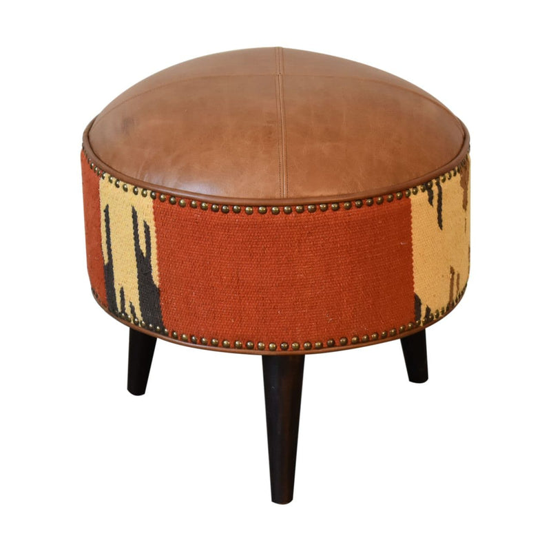 Durrie & Leather Mixed Footstool-TrendGoat