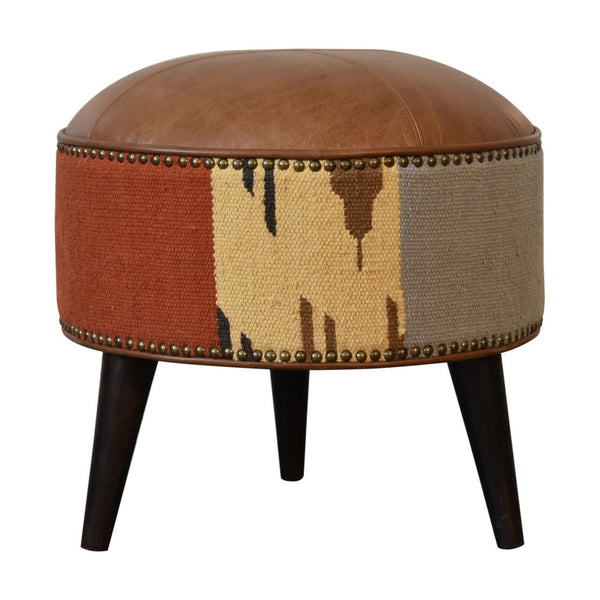 Durrie & Leather Mixed Footstool-TrendGoat