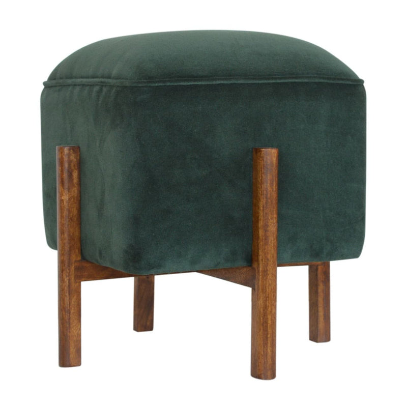 Emerald Velvet Footstool with Solid Wood Legs-TrendGoat