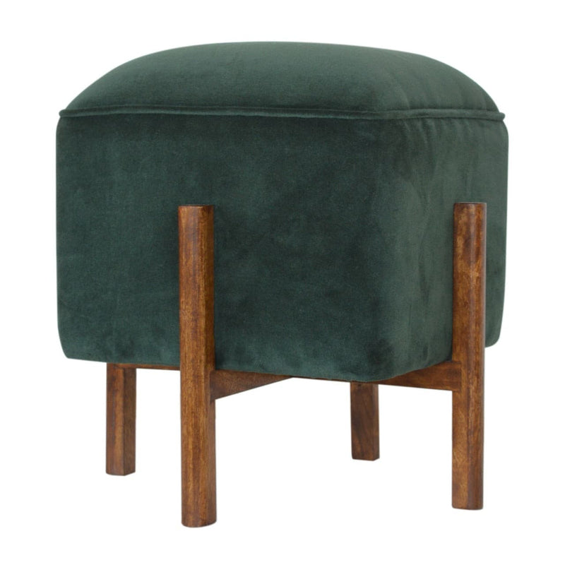 Emerald Velvet Footstool with Solid Wood Legs-TrendGoat