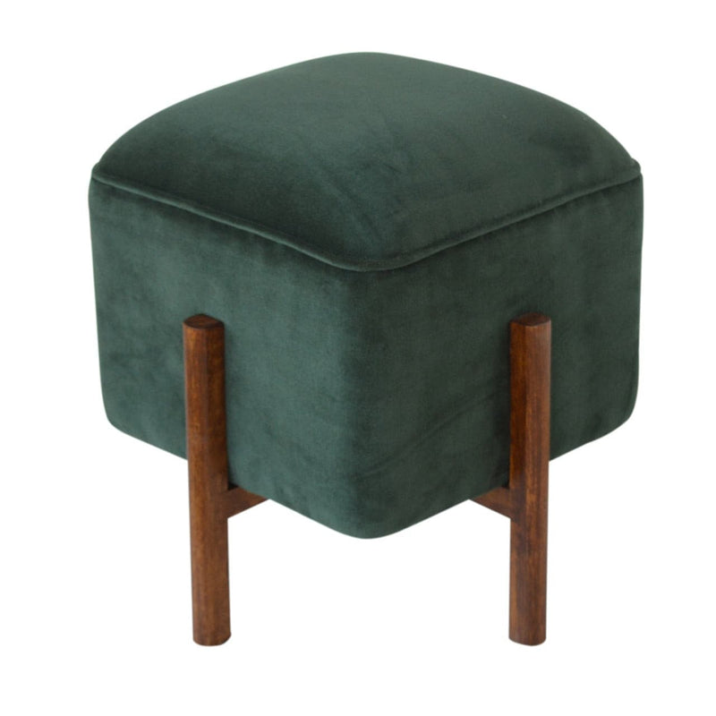 Emerald Velvet Footstool with Solid Wood Legs-TrendGoat