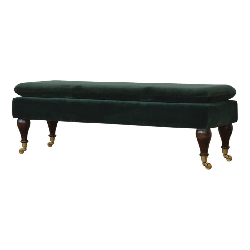 Green Velvet Bench with Castor Legs-TrendGoat