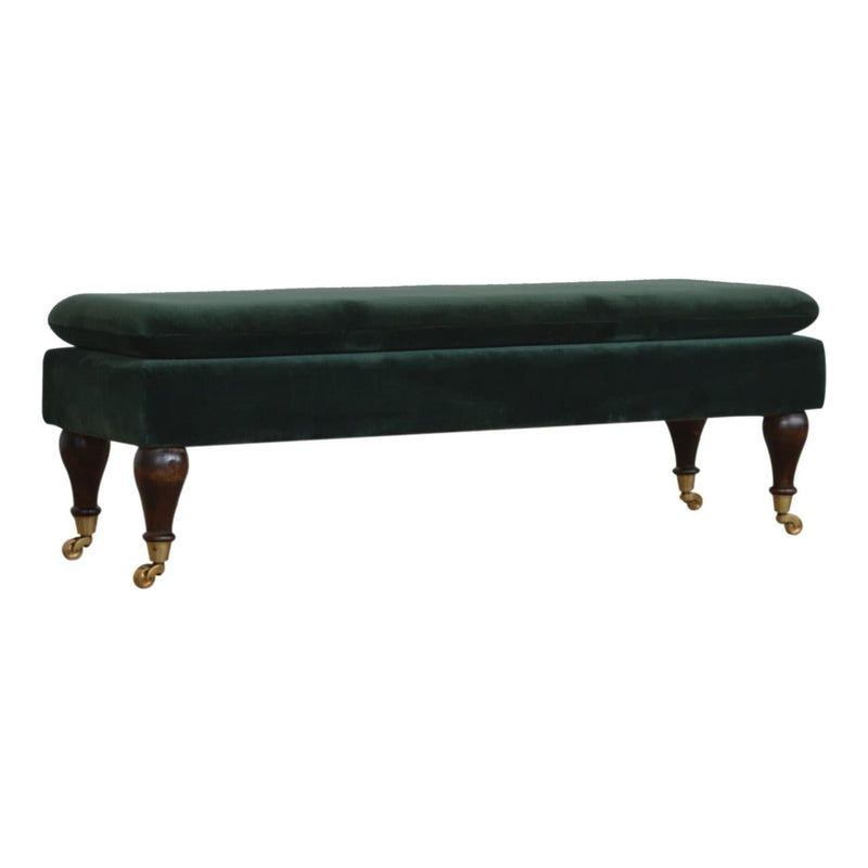 Green Velvet Bench with Castor Legs-TrendGoat