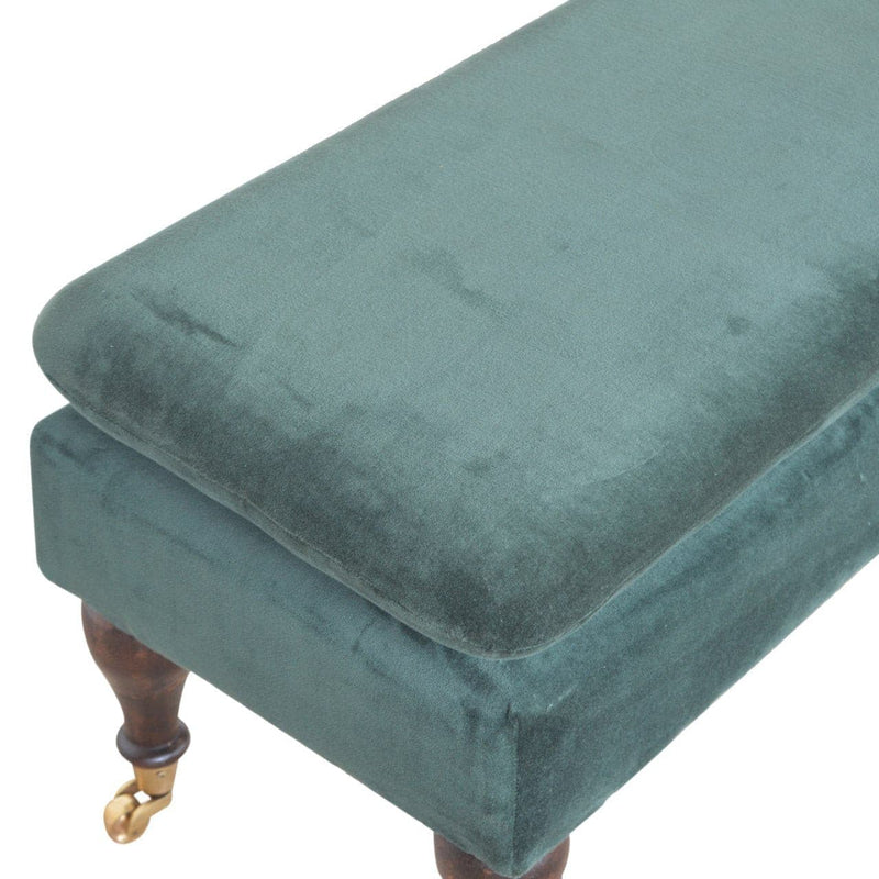 Green Velvet Bench with Castor Legs-TrendGoat