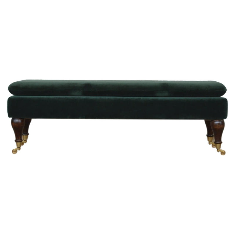 Green Velvet Bench with Castor Legs-TrendGoat