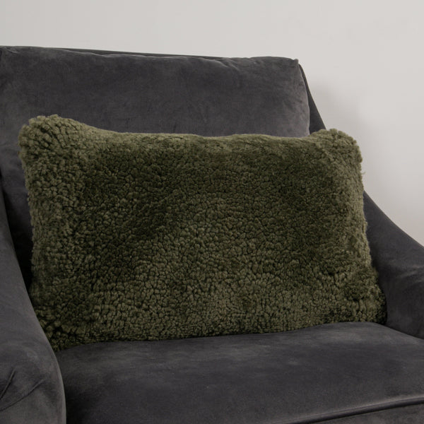 Khaki Green Short Pile Sheepskin Cushion-TrendGoat