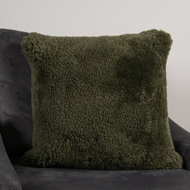 Khaki Green Short Pile Sheepskin Cushion-TrendGoat