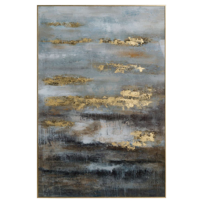 Large Abstract Grey And Gold Glass Image With Gold Frame-TrendGoat