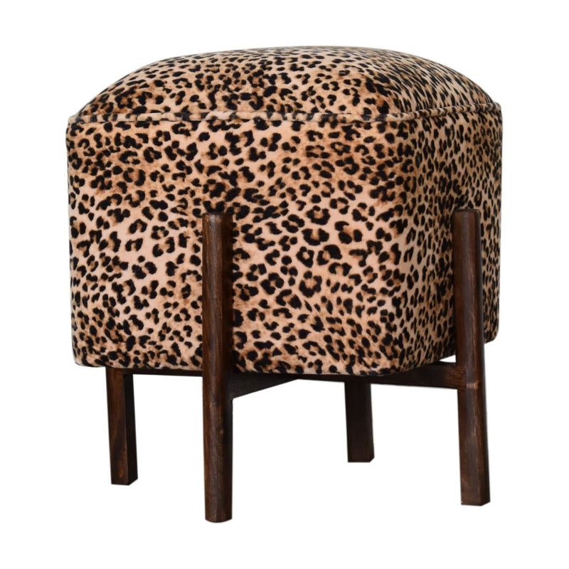 Leopard Print Footstool with Solid Wood Legs-TrendGoat