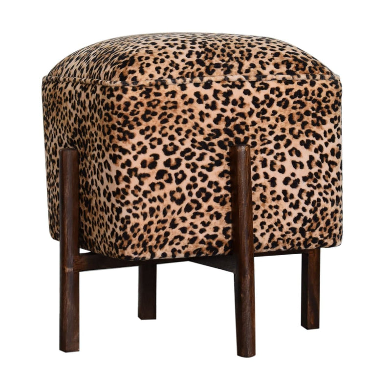 Leopard Print Footstool with Solid Wood Legs-TrendGoat