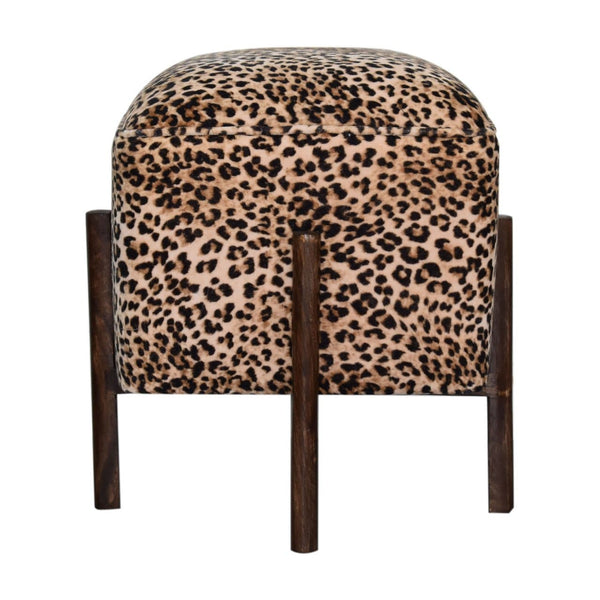 Leopard Print Footstool with Solid Wood Legs-TrendGoat