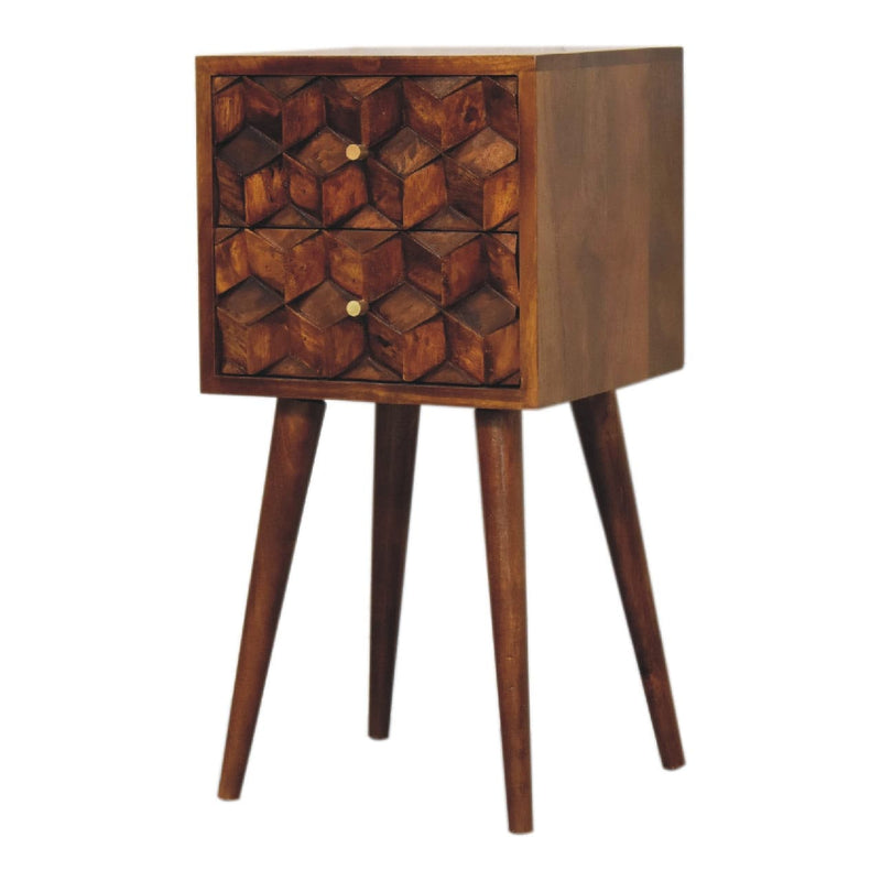 Mini Chestnut Cube Carved 2 Drawer Bedside-TrendGoat