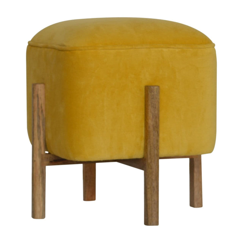 Mustard Velvet Footstool with Solid Wood Legs-TrendGoat