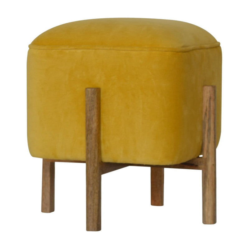 Mustard Velvet Footstool with Solid Wood Legs-TrendGoat