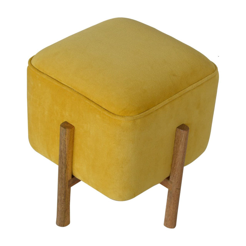 Mustard Velvet Footstool with Solid Wood Legs-TrendGoat