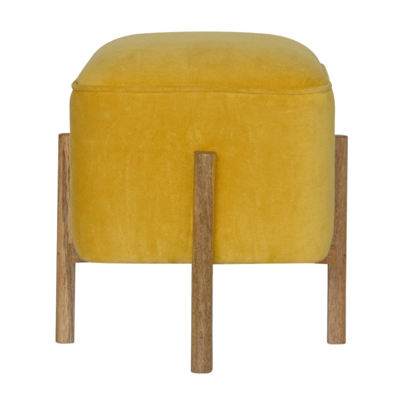 Mustard Velvet Footstool with Solid Wood Legs-TrendGoat