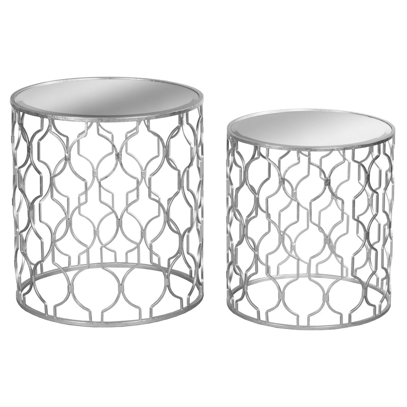 Set of Two Arabesque Silver Foil Mirrored Side Tables-TrendGoat