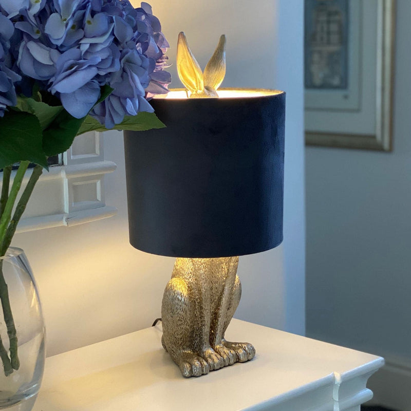 Silver Hare Table Lamp With Grey Velvet Shade-TrendGoat