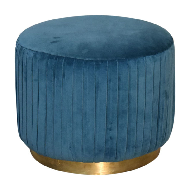 Teal Cotton Velvet Pleated Footstool with Gold Base-TrendGoat