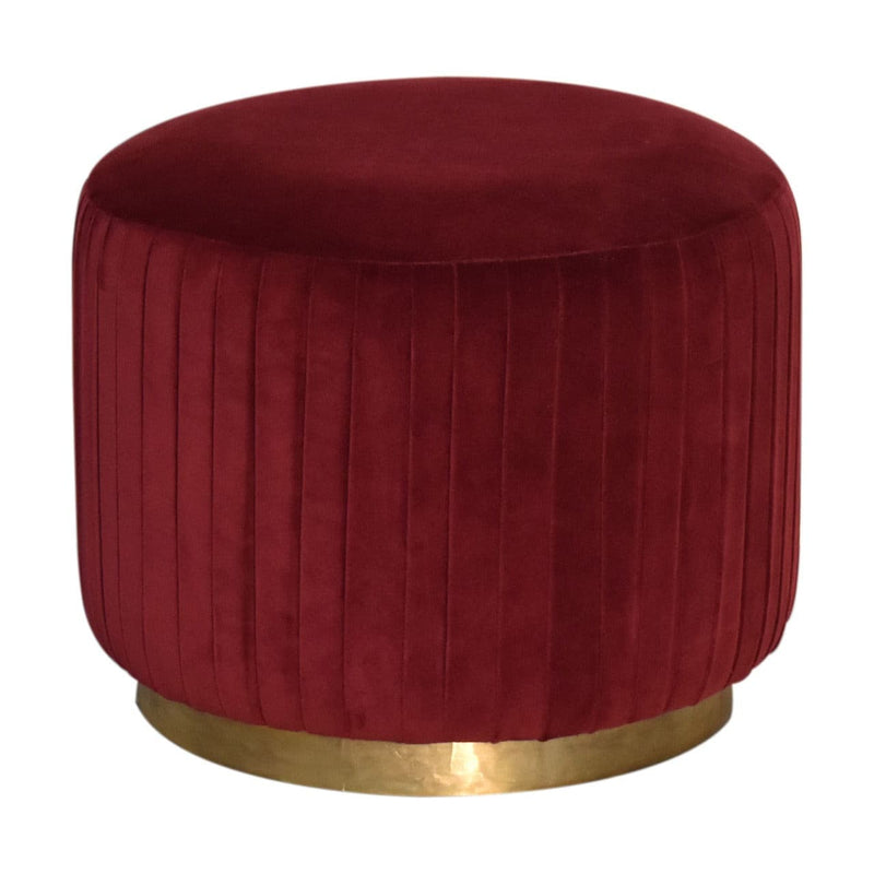 Wine Red Cotton Velvet Pleated Footstool with Gold Base-TrendGoat