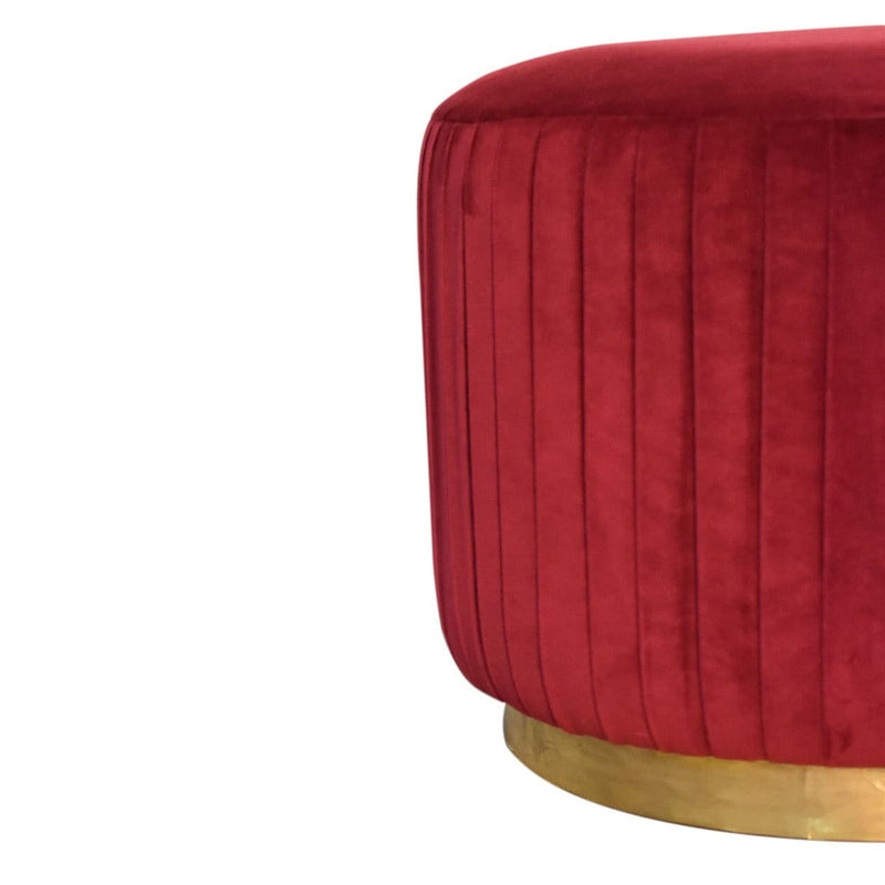 Wine Red Cotton Velvet Pleated Footstool with Gold Base-TrendGoat