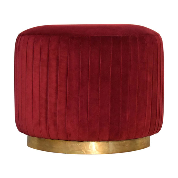 Wine Red Cotton Velvet Pleated Footstool with Gold Base-TrendGoat